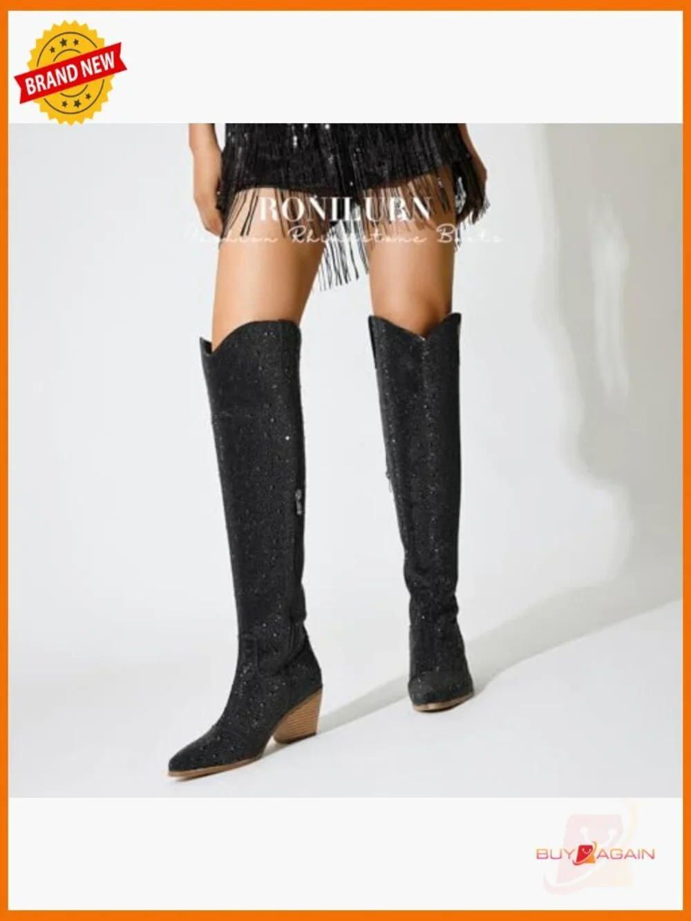 Rhinestone Over the Knee Cowboy Boots, Sparkly Western Pull-On Chunky Heel